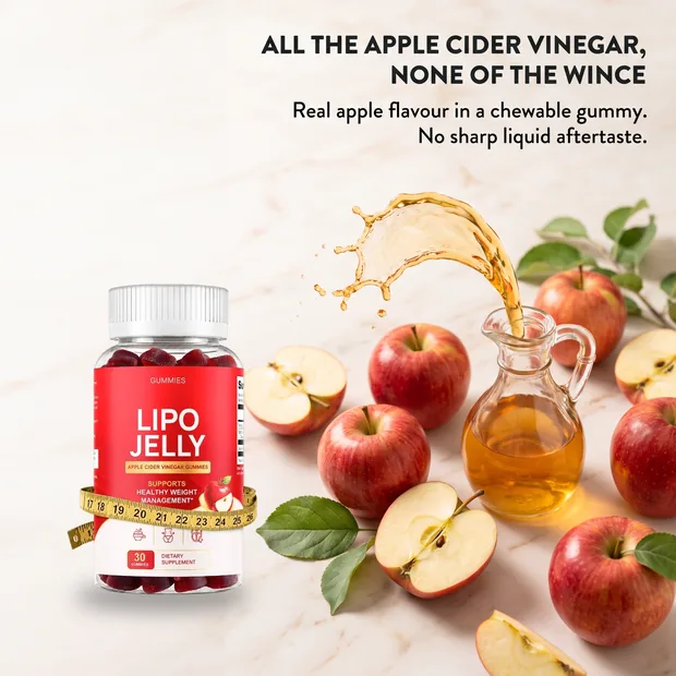 All the apple cider vinegar, none of the wince: LipoJelly gummies beside fresh apples and a jug of vinegar
