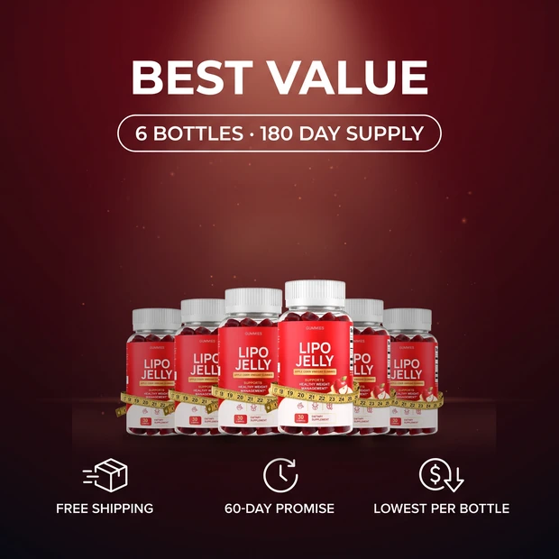 LipoJelly best value 6-bottle bundle, a 180-day supply with free shipping and the 60-day promise