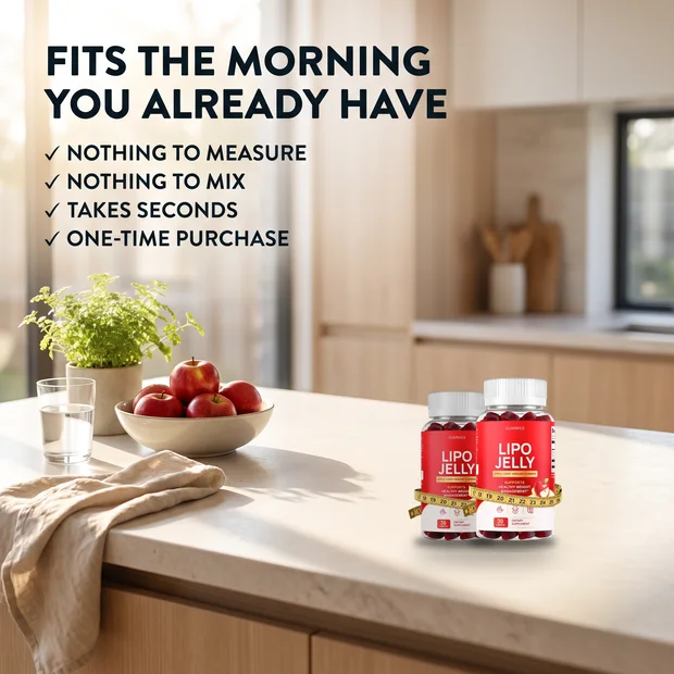 LipoJelly apple cider vinegar gummy bottles on a bright kitchen counter beside a bowl of apples and a glass of water