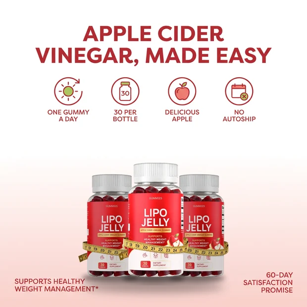 LipoJelly apple cider vinegar gummies overview: one gummy a day, 30 per bottle, delicious apple flavour and no autoship