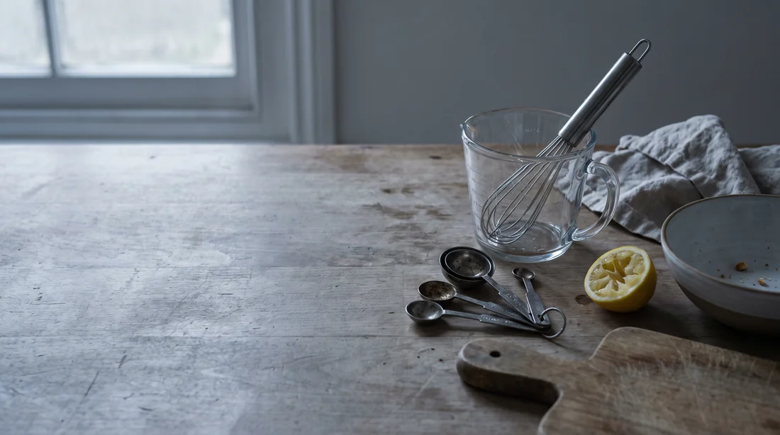 Measuring spoons, a jug and a lemon on a kitchen table, the measuring-and-mixing routine a gummy replaces